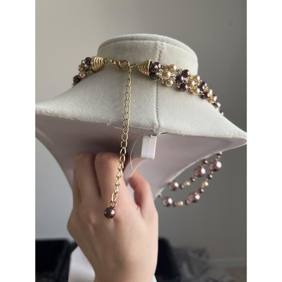 Vtg Metallic Faux Pearl Station Necklace Formal Regency Layered - Picture 3 of 5